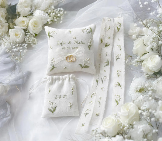 Personalized Lily of the Valley Wedding Ring Pillow Set, Embroidered Ring Bearer Pillow, Sachet Bag, Linen Ribbon, Bridal Keepsake Gift Her