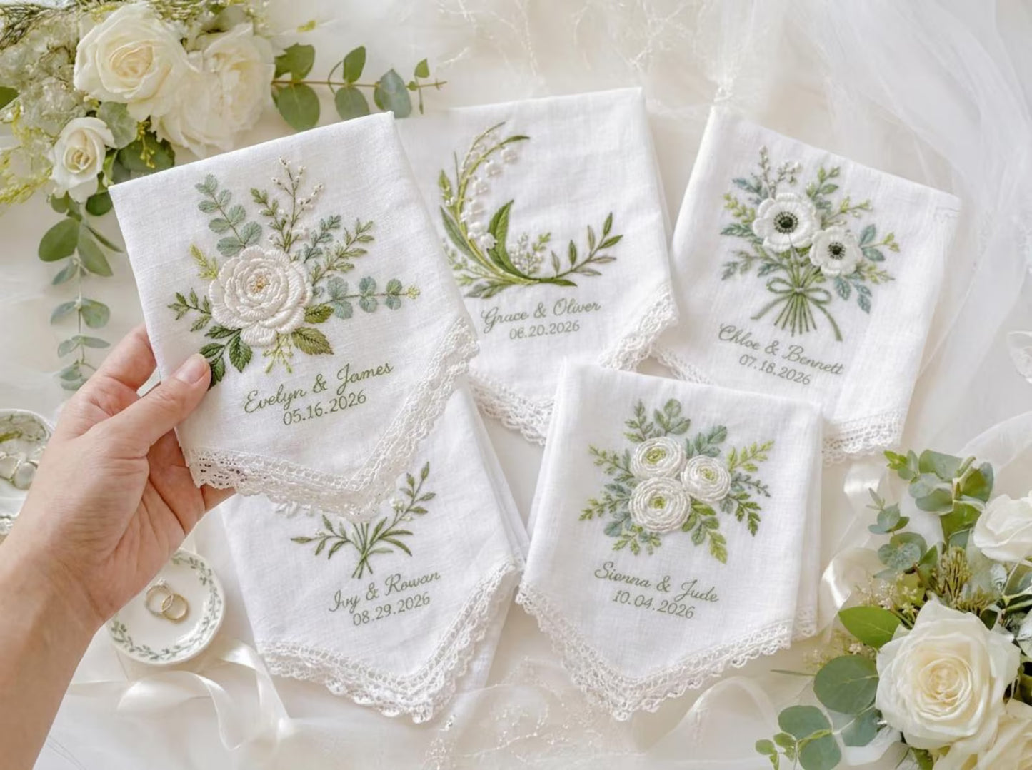 Embroidered Greenery Wedding Handkerchief – Custom Floral Hankie for Bride, Bridal Gift, Personalized with Name & Date, Gift for Bride