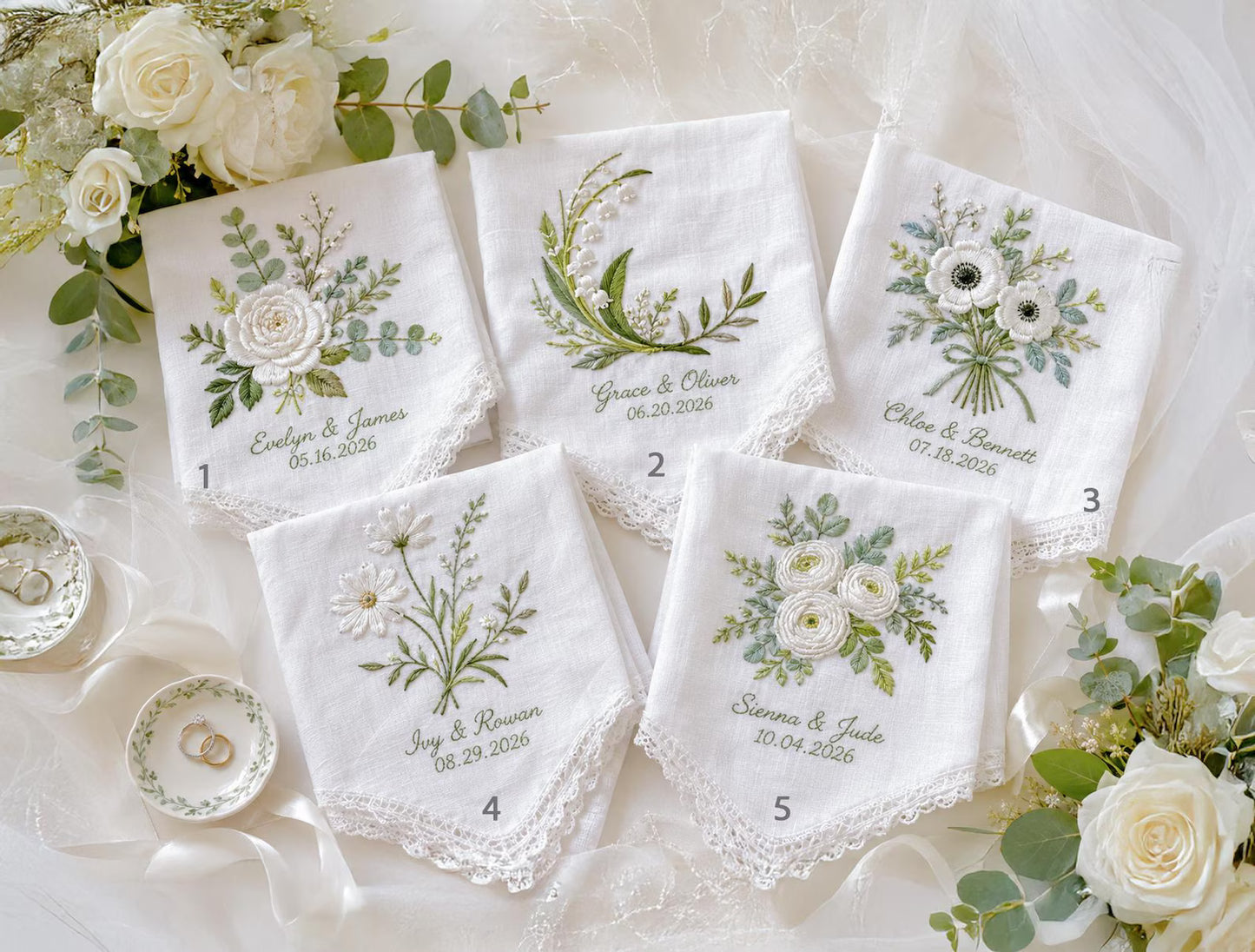 Embroidered Greenery Wedding Handkerchief – Custom Floral Hankie for Bride, Bridal Gift, Personalized with Name & Date, Gift for Bride