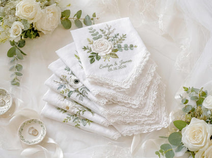 Embroidered Greenery Wedding Handkerchief – Custom Floral Hankie for Bride, Bridal Gift, Personalized with Name & Date, Gift for Bride