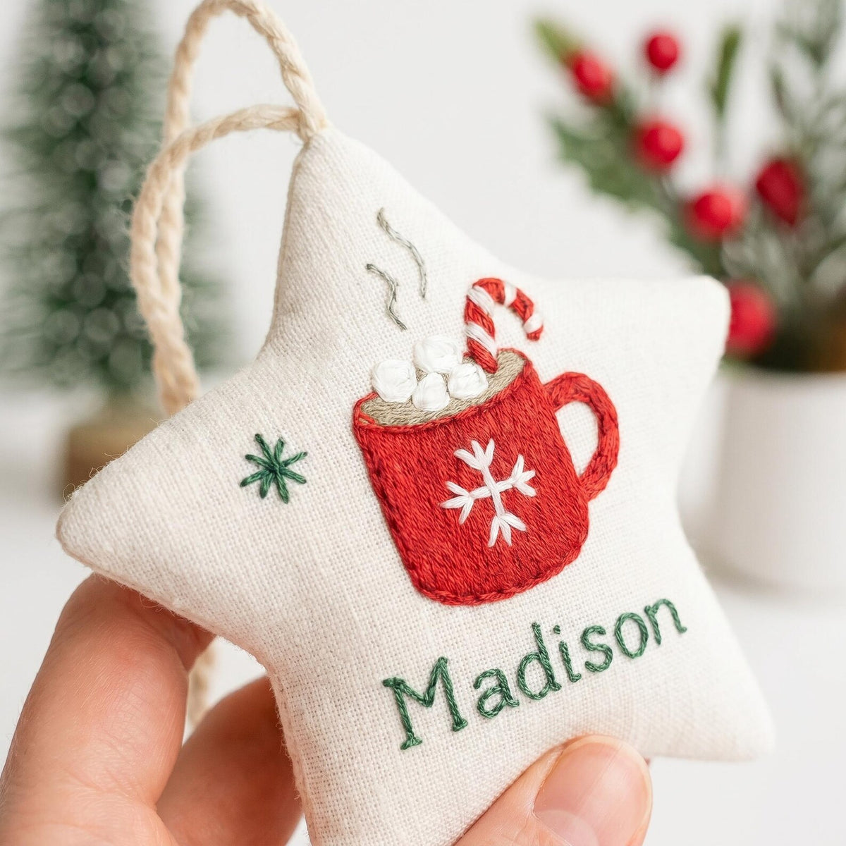 Personalized Hot Cocoa Christmas Ornament, Embroidered Star Tree Ornament, Custom Name Holiday Decor, Handmade Fabric Keepsake Gift for Kids