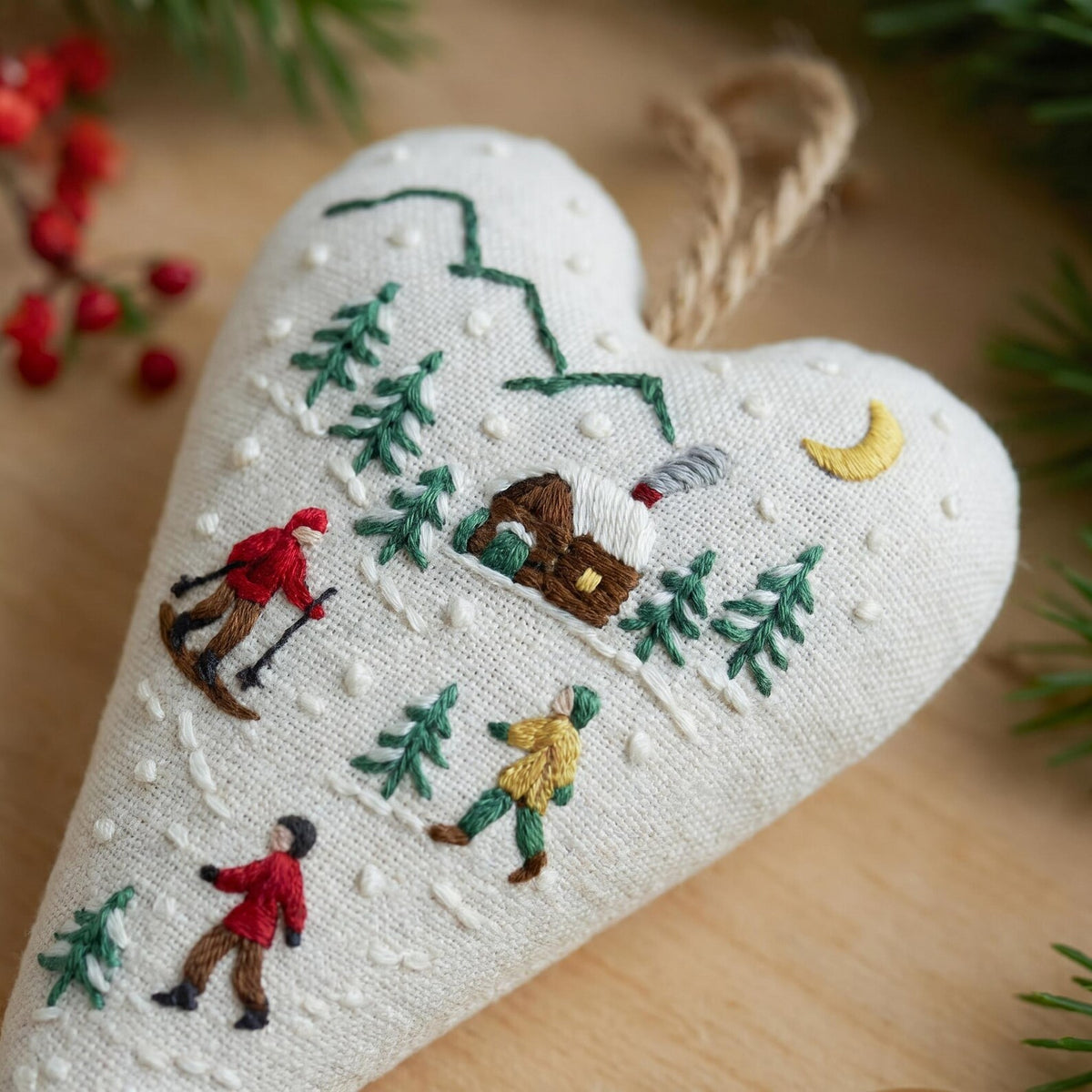 Personalized Skiing Christmas Ornament, Embroidered Heart Tree Ornament, Winter Cabin Scene, Handmade Fabric Holiday Keepsake Gift Gift Idea