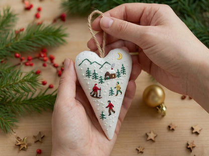 Personalized Skiing Christmas Ornament, Embroidered Heart Tree Ornament, Winter Cabin Scene, Handmade Fabric Holiday Keepsake Gift Gift Idea