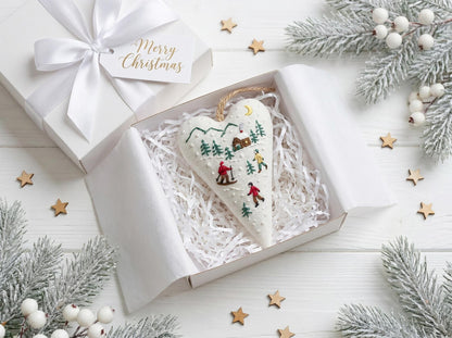 Personalized Skiing Christmas Ornament, Embroidered Heart Tree Ornament, Winter Cabin Scene, Handmade Fabric Holiday Keepsake Gift Gift Idea