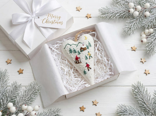 Personalized Skiing Christmas Ornament, Embroidered Heart Tree Ornament, Winter Cabin Scene, Handmade Fabric Holiday Keepsake Gift Gift Idea