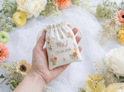 Personalized Floral Wedding Ring Pillow Set, Embroidered Ring Bearer Pillow, Ribbon and Sachet Bag, Bridal Keepsake Gift for Bride and Groom