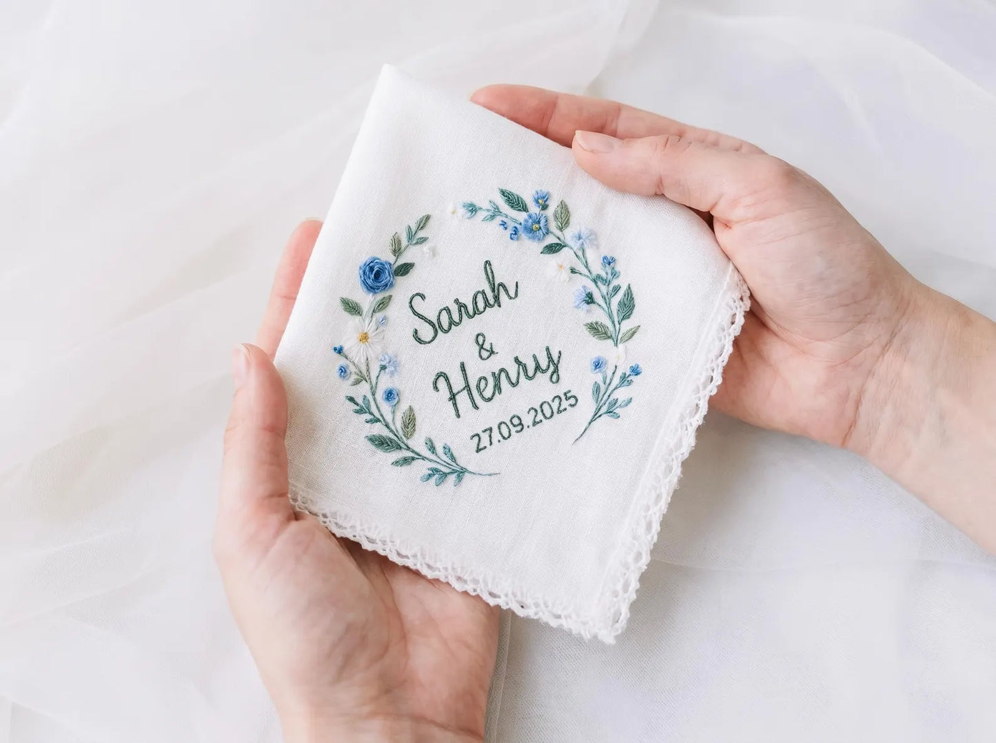 Personalized Blue Floral Wedding Ring Pillow and Handkerchief Set, Embroidered Ring Bearer Pillow, Lace Bridal Hanky, Custom Names Date Gift