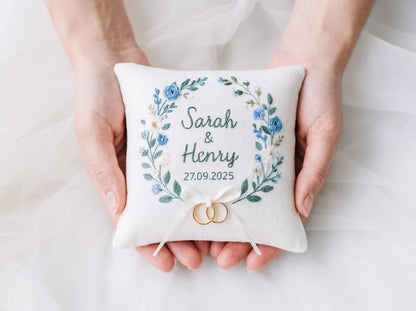 Personalized Blue Floral Wedding Ring Pillow and Handkerchief Set, Embroidered Ring Bearer Pillow, Lace Bridal Hanky, Custom Names Date Gift