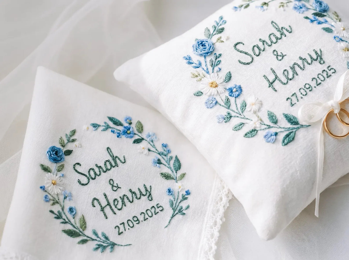Personalized Blue Floral Wedding Ring Pillow and Handkerchief Set, Embroidered Ring Bearer Pillow, Lace Bridal Hanky, Custom Names Date Gift