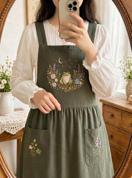 Cute Custom Embroidered Frog Apron, Cottagecore Floral Pinafore, Moon Stars Floral Hand Embroidery Apron, Personalized Gardener Gift for Her