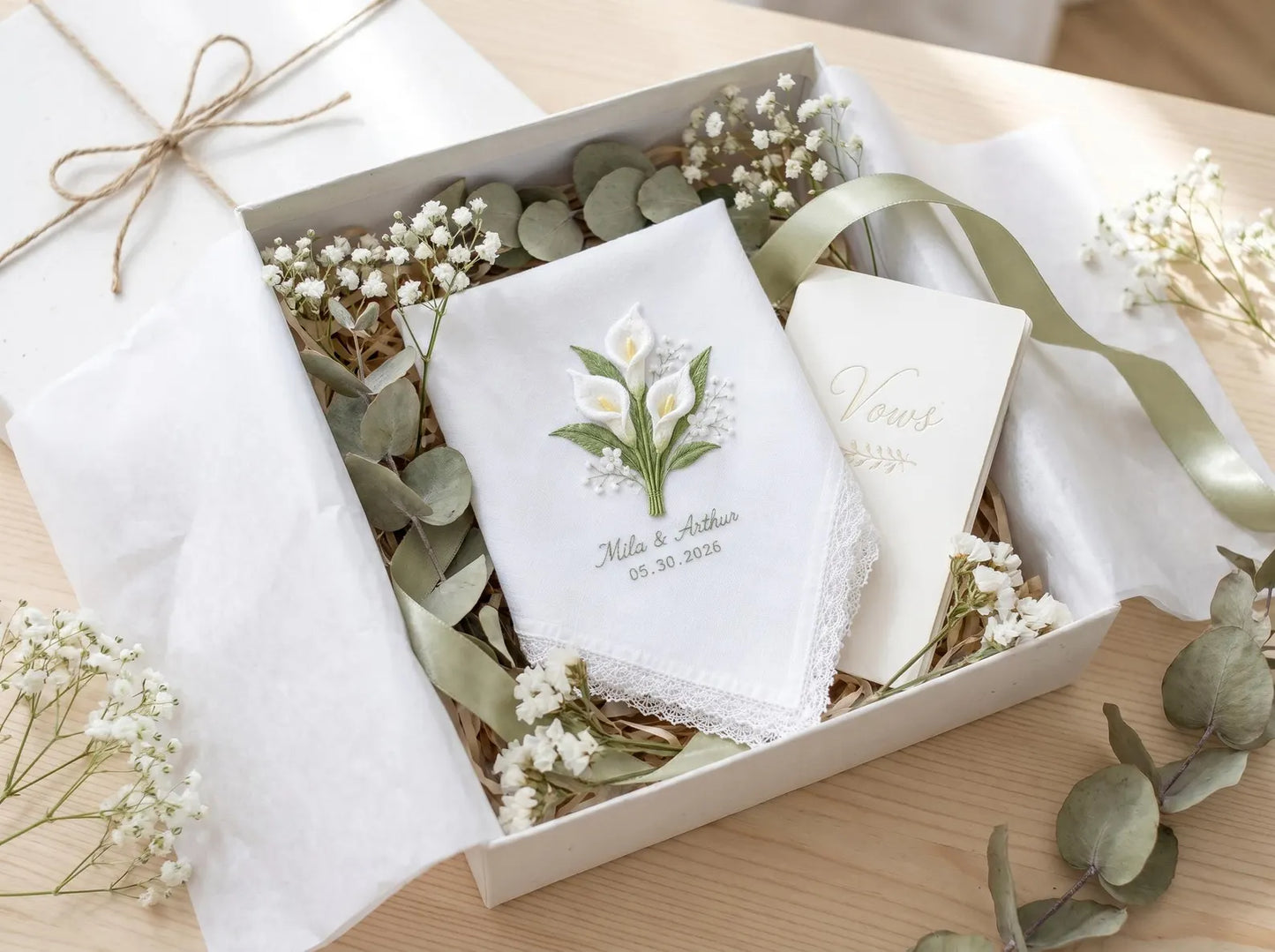 Personalized Calla Lily Wedding Handkerchief, Embroidered Bridal Hanky, Custom Names Date Lace Linen Keepsake Gift for Bride Bridal Gift Box