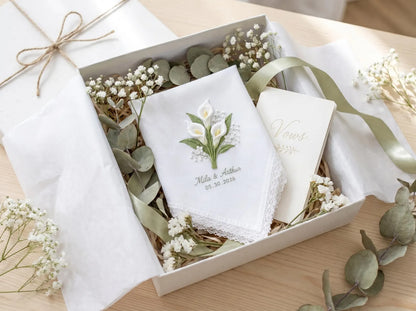 Personalized Calla Lily Wedding Handkerchief, Embroidered Bridal Hanky, Custom Names Date Lace Linen Keepsake Gift for Bride Bridal Gift Box