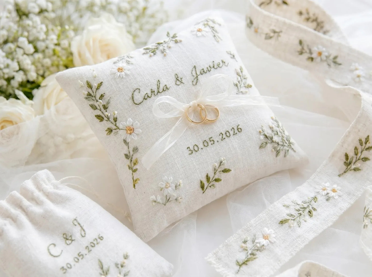 Personalized Daisy Floral Wedding Ring Pillow Set, Embroidered Ring Bearer Pillow, Sachet Bag, Linen Ribbon, Bridal Keepsake Gift for Couple