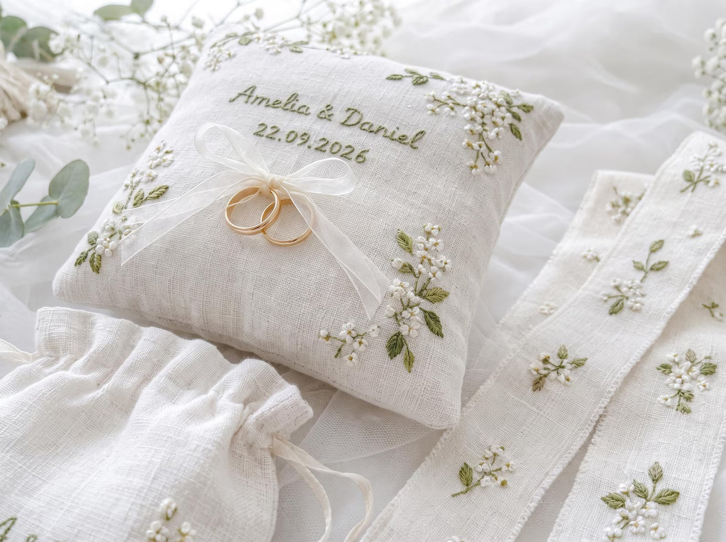 Personalized Wedding Ring Pillow Set, Embroidered Linen Ring Bearer Pillow, Custom Sachet Bag, Floral Wedding Ribbon, Keepsake Gift for Hers