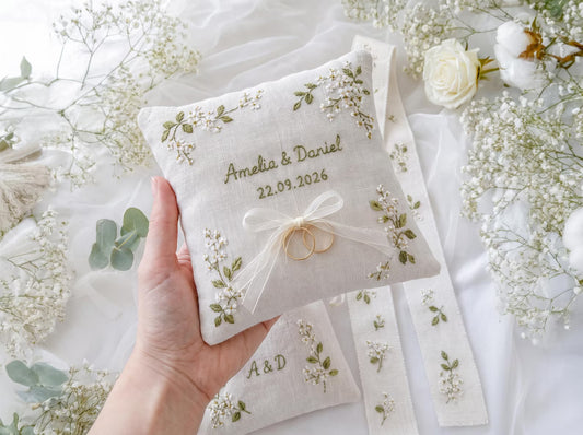 Personalized Wedding Ring Pillow Set, Embroidered Linen Ring Bearer Pillow, Custom Sachet Bag, Floral Wedding Ribbon, Keepsake Gift for Hers