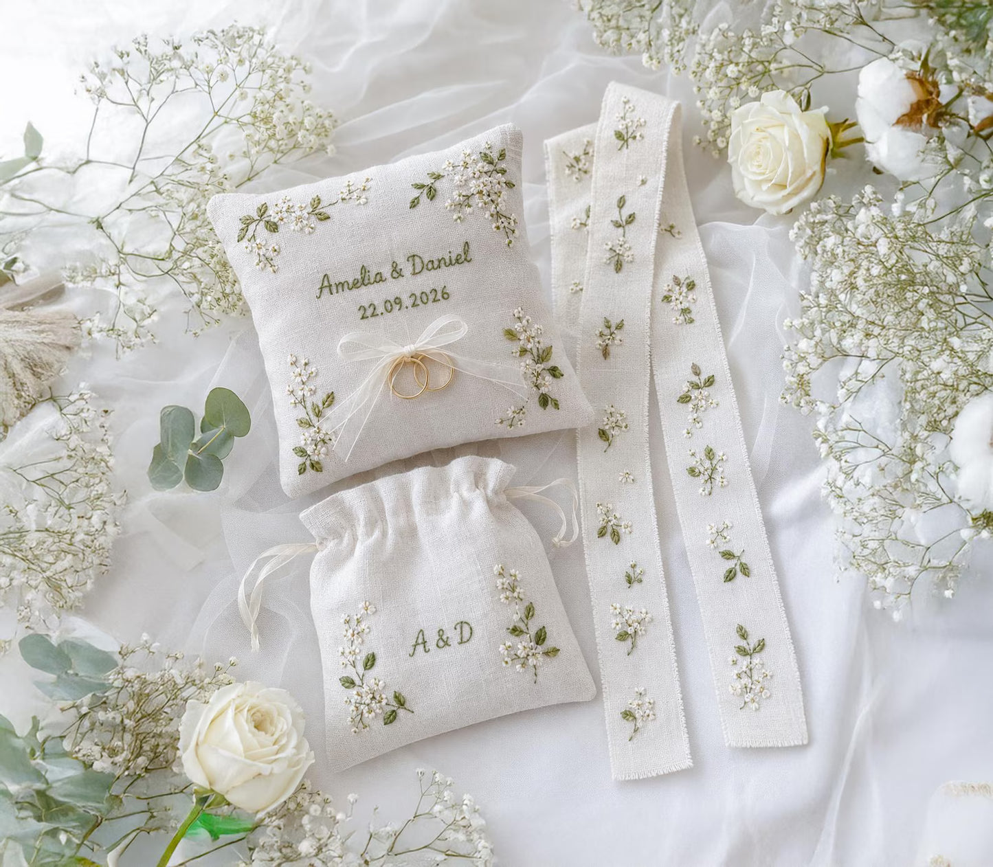 Personalized Wedding Ring Pillow Set, Embroidered Linen Ring Bearer Pillow, Custom Sachet Bag, Floral Wedding Ribbon, Keepsake Gift for Hers