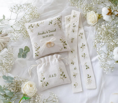 Personalized Wedding Ring Pillow Set, Embroidered Linen Ring Bearer Pillow, Custom Sachet Bag, Floral Wedding Ribbon, Keepsake Gift for Hers