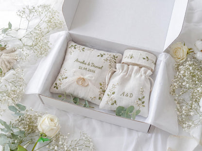 Personalized Wedding Ring Pillow Set, Embroidered Linen Ring Bearer Pillow, Custom Sachet Bag, Floral Wedding Ribbon, Keepsake Gift for Hers