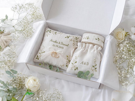 Personalized Wedding Ring Pillow Set, Embroidered Linen Ring Bearer Pillow, Custom Sachet Bag, Floral Wedding Ribbon, Keepsake Gift for Hers