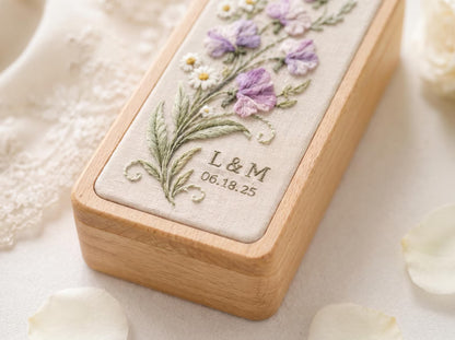 Personalized Embroidered Jewelry Box, Custom Sweet Pea Ring Box, Wildflower Wedding Keepsake, Handmade Linen Gift for Bride, Initials Dates