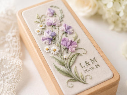 Personalized Embroidered Jewelry Box, Custom Sweet Pea Ring Box, Wildflower Wedding Keepsake, Handmade Linen Gift for Bride, Initials Dates