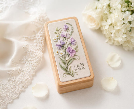 Personalized Embroidered Jewelry Box, Custom Sweet Pea Ring Box, Wildflower Wedding Keepsake, Handmade Linen Gift for Bride, Initials Dates
