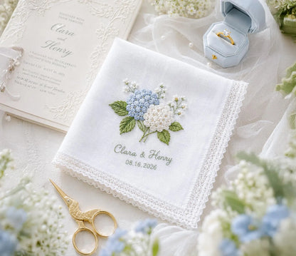 Personalized Blue Hydrangea Wedding Handkerchief, Embroidered Bridal Hanky, Custom Names Date Lace Keepsake Gift for Bride Wedding Gift Idea