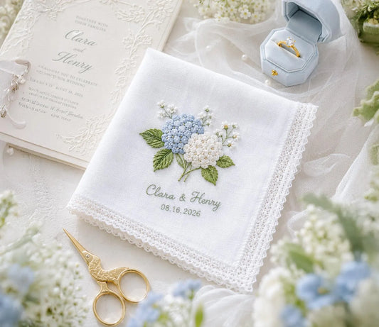 Personalized Blue Hydrangea Wedding Handkerchief, Embroidered Bridal Hanky, Custom Names Date Lace Keepsake Gift for Bride Wedding Gift Idea
