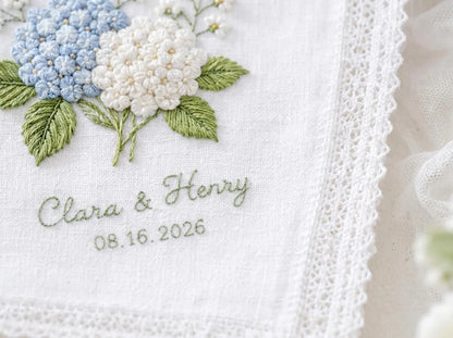 Personalized Blue Hydrangea Wedding Handkerchief, Embroidered Bridal Hanky, Custom Names Date Lace Keepsake Gift for Bride Wedding Gift Idea