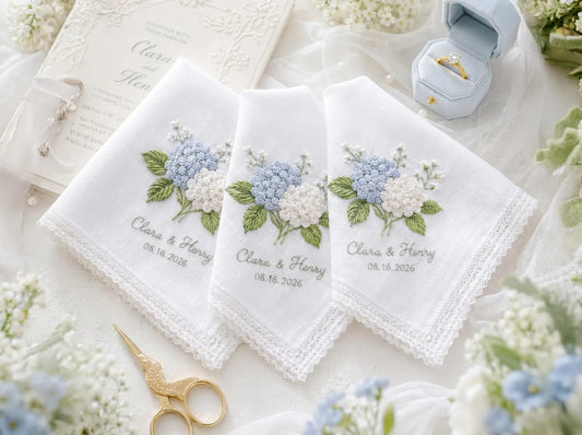 Personalized Blue Hydrangea Wedding Handkerchief, Embroidered Bridal Hanky, Custom Names Date Lace Keepsake Gift for Bride Wedding Gift Idea
