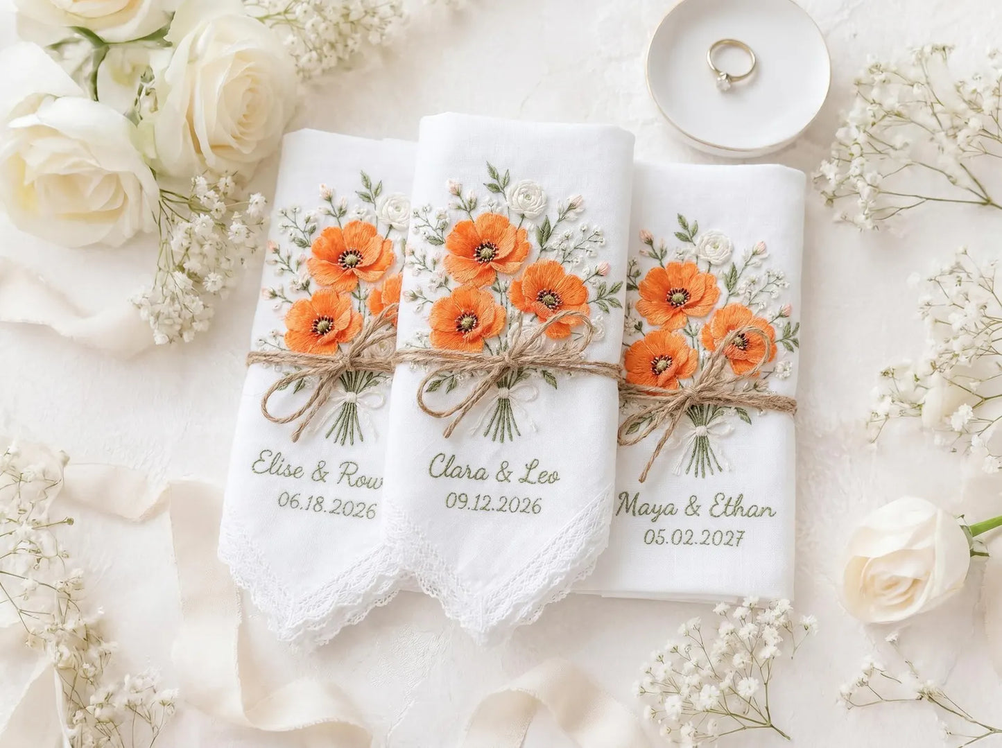 Personalized Orange Poppy Wedding Handkerchief, Embroidered Floral Bridal Hanky, Custom Names Date Lace Keepsake Gift for Bride Gift Box Set
