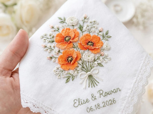 Personalized Orange Poppy Wedding Handkerchief, Embroidered Floral Bridal Hanky, Custom Names Date Lace Keepsake Gift for Bride Gift Box Set