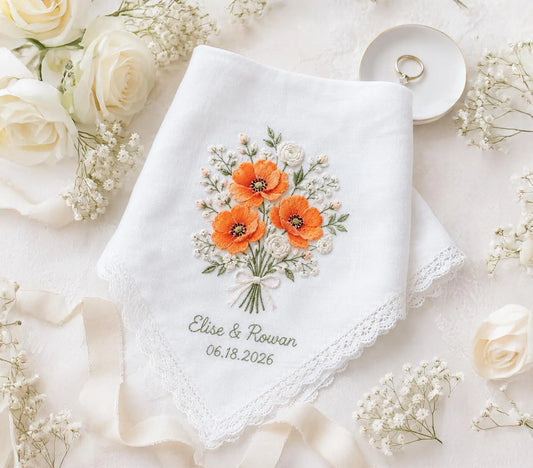 Personalized Orange Poppy Wedding Handkerchief, Embroidered Floral Bridal Hanky, Custom Names Date Lace Keepsake Gift for Bride Gift Box Set