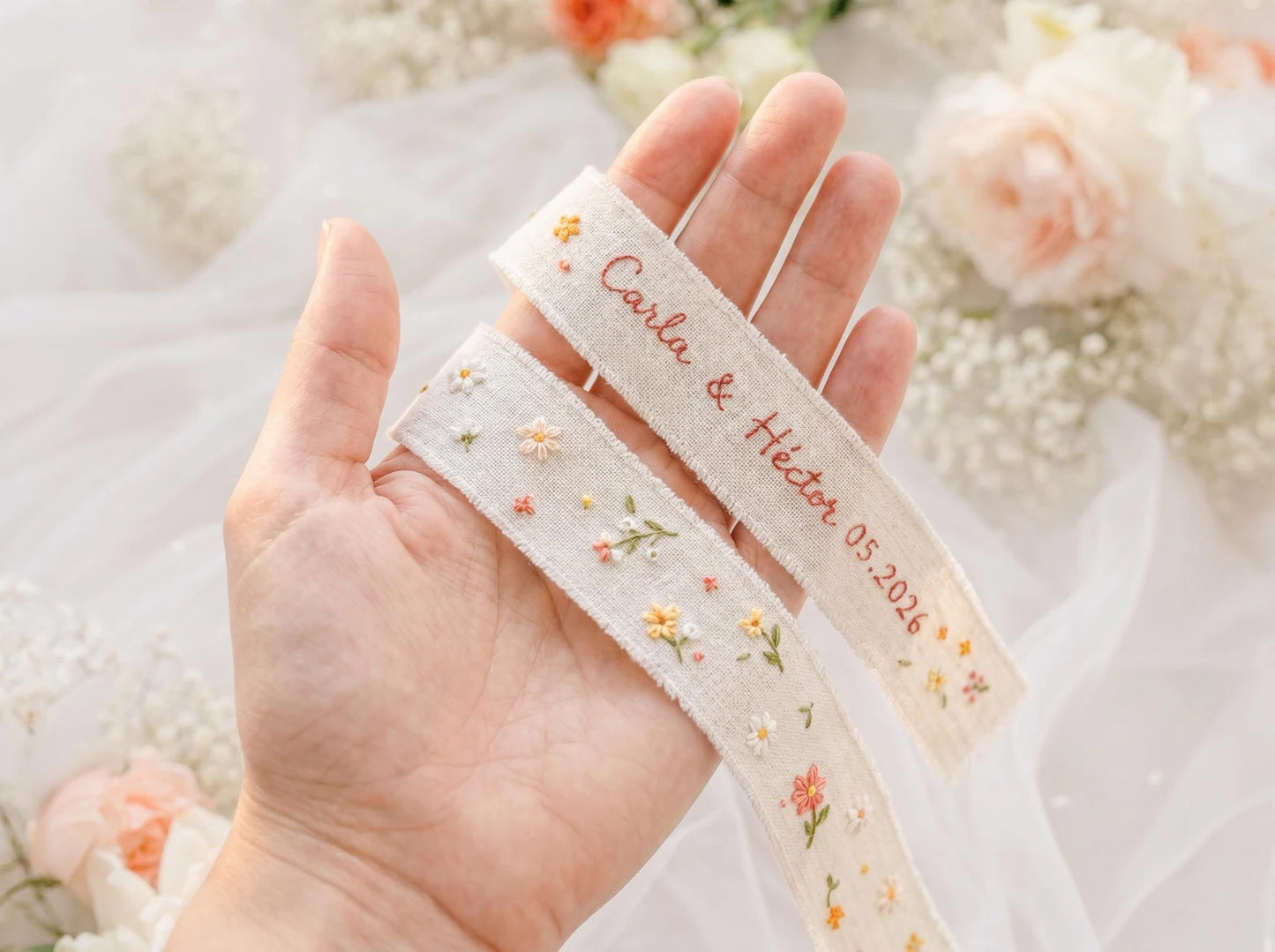 Personalized Wildflower Wedding Ring Pillow Set, Embroidered Ring Bearer Pillow, Linen Ribbon & Sachet Bag, Bridal Keepsake Gift Bridal Gift