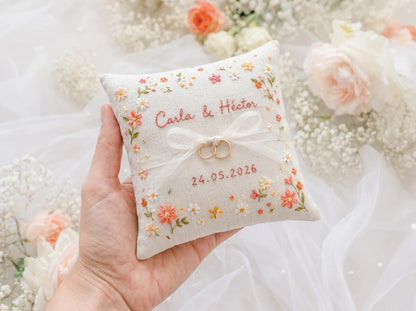 Personalized Wildflower Wedding Ring Pillow Set, Embroidered Ring Bearer Pillow, Linen Ribbon & Sachet Bag, Bridal Keepsake Gift Bridal Gift