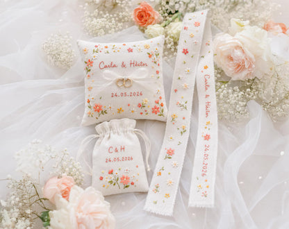 Personalized Wildflower Wedding Ring Pillow Set, Embroidered Ring Bearer Pillow, Linen Ribbon & Sachet Bag, Bridal Keepsake Gift Bridal Gift