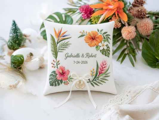 Tropical Ring Bearer Pillow, Personalized Wedding Ring Pillow, Hand Embroidered Ring Cushion, Floral Ring Pillow, Key West Wedding Decor