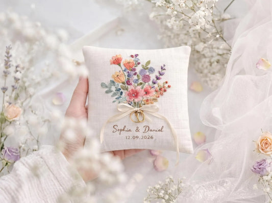Personalized Wildflower Embroidered Ring Bearer Pillow, Custom Linen Wedding Cushion, Hand Embroidery Ring Holder, Floral Ring Pillow, Wedding Gift
