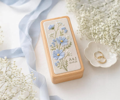 Hand Embroidered Floral Wooden Jewelry Box, Personalized Linen Ring Box, Vintage Wooden Keepsake Case, Bridesmaid Gift, Wedding Ring Holder