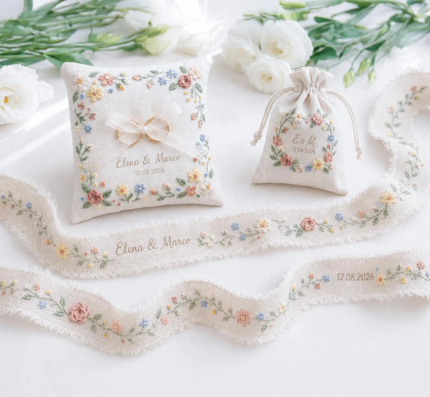 Personalized Wedding Gift Set, Hand Embroidered Ring Pillow, Linen Ribbon & Sachet Bag, Custom Bridal Keepsake, Handmade Wedding Decor Gift