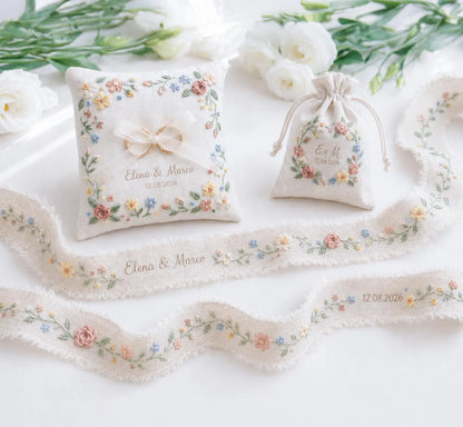 Personalized Wedding Gift Set, Hand Embroidered Ring Pillow, Linen Ribbon & Sachet Bag, Custom Bridal Keepsake, Handmade Wedding Decor Gift