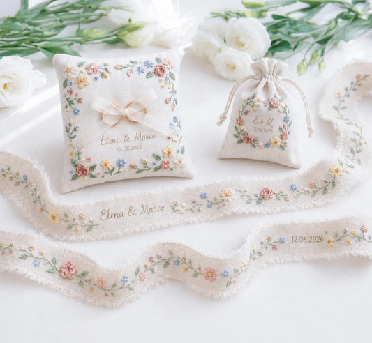Personalized Wedding Gift Set, Hand Embroidered Ring Pillow, Linen Ribbon & Sachet Bag, Custom Bridal Keepsake, Handmade Wedding Decor Gift