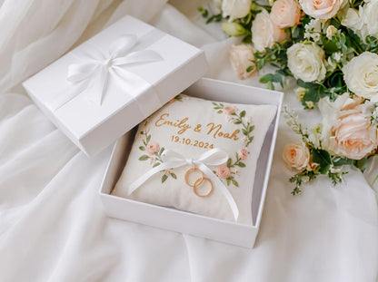 Personalized Blossom Embroidered Ring Bearer Pillow, Custom Linen Wedding Cushion, Hand Embroidery Ring Holder, Floral Ring Pillow, Wedding Gift
