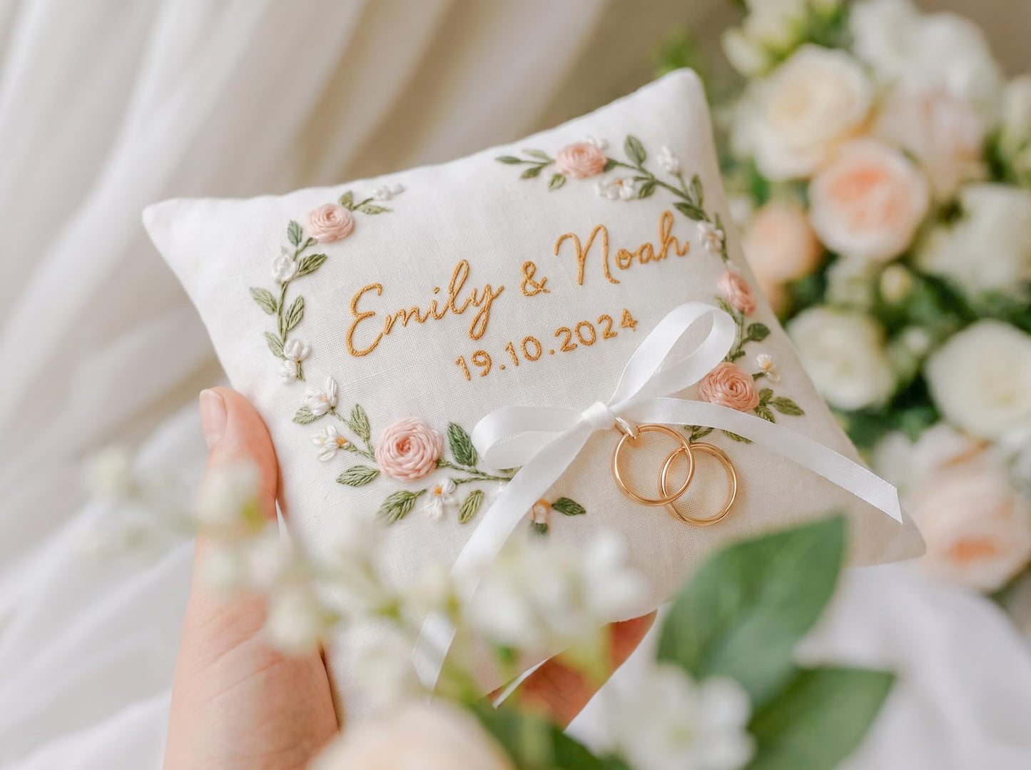 Personalized Blossom Embroidered Ring Bearer Pillow, Custom Linen Wedding Cushion, Hand Embroidery Ring Holder, Floral Ring Pillow, Wedding Gift