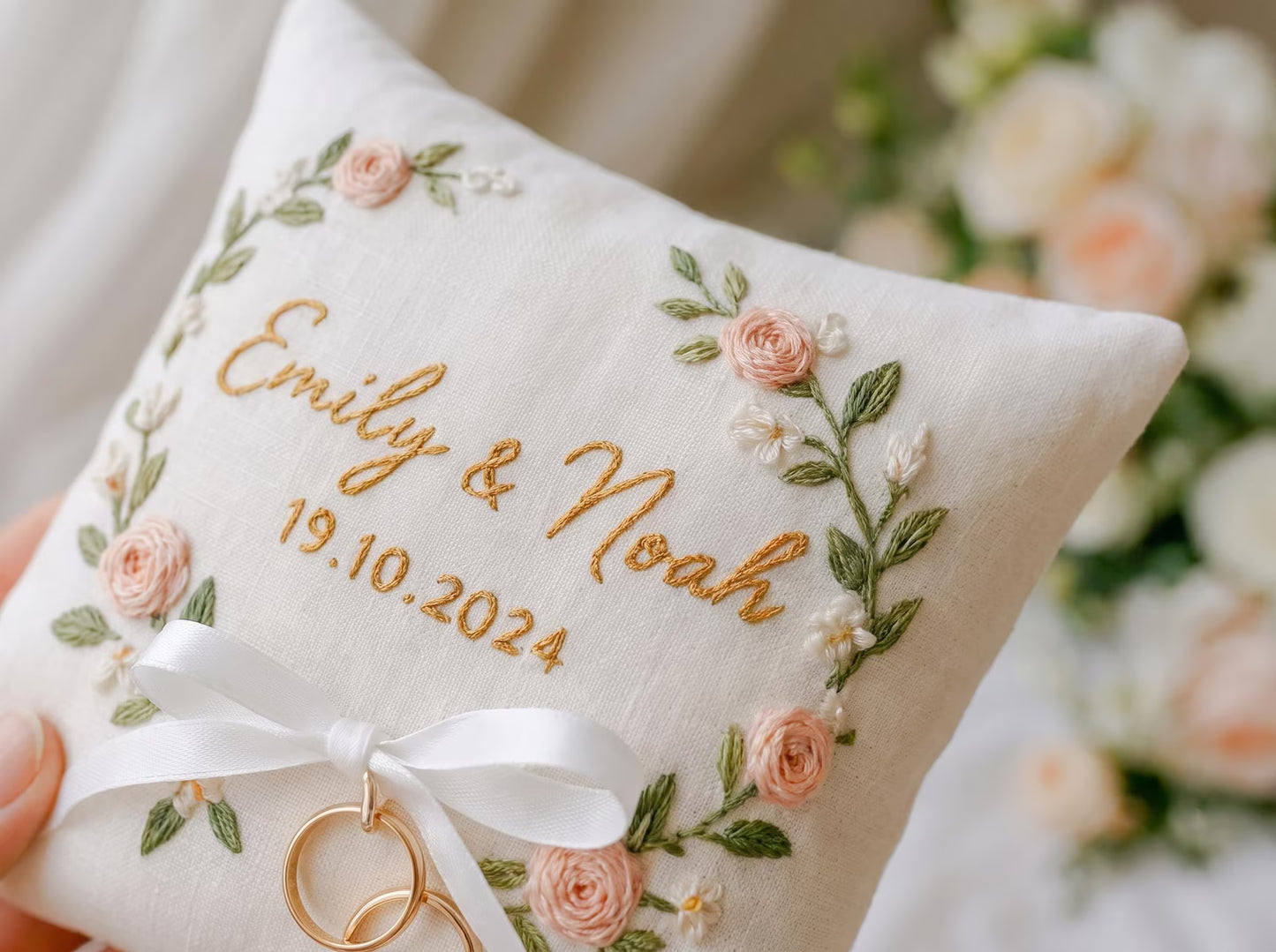 Personalized Blossom Embroidered Ring Bearer Pillow, Custom Linen Wedding Cushion, Hand Embroidery Ring Holder, Floral Ring Pillow, Wedding Gift