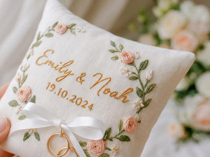 Personalized Blossom Embroidered Ring Bearer Pillow, Custom Linen Wedding Cushion, Hand Embroidery Ring Holder, Floral Ring Pillow, Wedding Gift