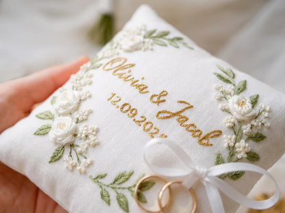 Personalized Blossom Embroidered Ring Bearer Pillow, Custom Linen Wedding Cushion, Hand Embroidery Ring Holder, Floral Ring Pillow, Wedding Gift