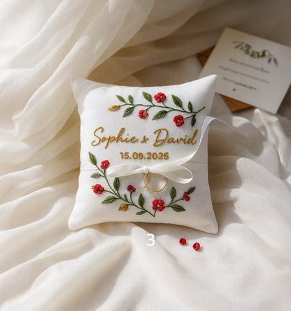 Personalized Blossom Embroidered Ring Bearer Pillow, Custom Linen Wedding Cushion, Hand Embroidery Ring Holder, Floral Ring Pillow, Wedding Gift