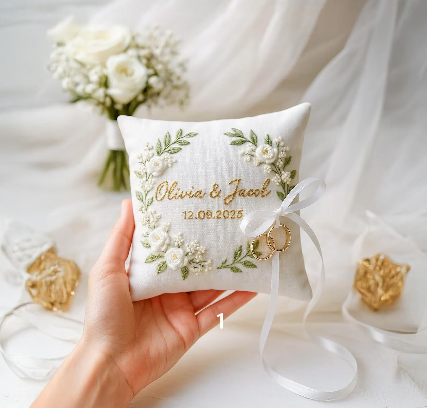 Personalized Blossom Embroidered Ring Bearer Pillow, Custom Linen Wedding Cushion, Hand Embroidery Ring Holder, Floral Ring Pillow, Wedding Gift