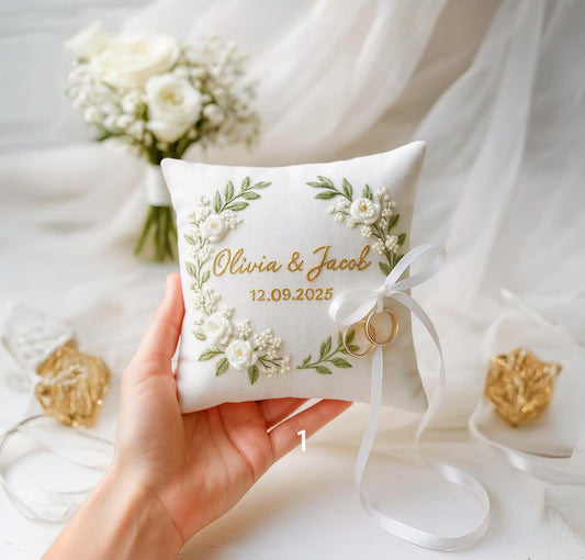 Personalized Blossom Embroidered Ring Bearer Pillow, Custom Linen Wedding Cushion, Hand Embroidery Ring Holder, Floral Ring Pillow, Wedding Gift